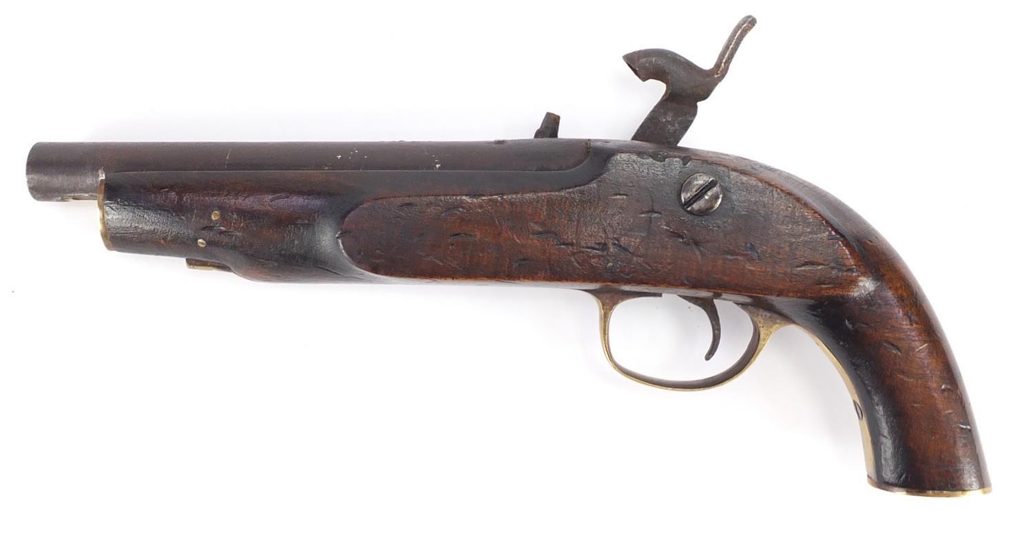 Antique percussion cap pistol with brass mounts, 34cm in length :For Further Condition Reports - Image 3 of 5