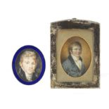 Two antique oval hand painted portrait miniatures of gentlemen in formal dress, one housed in a