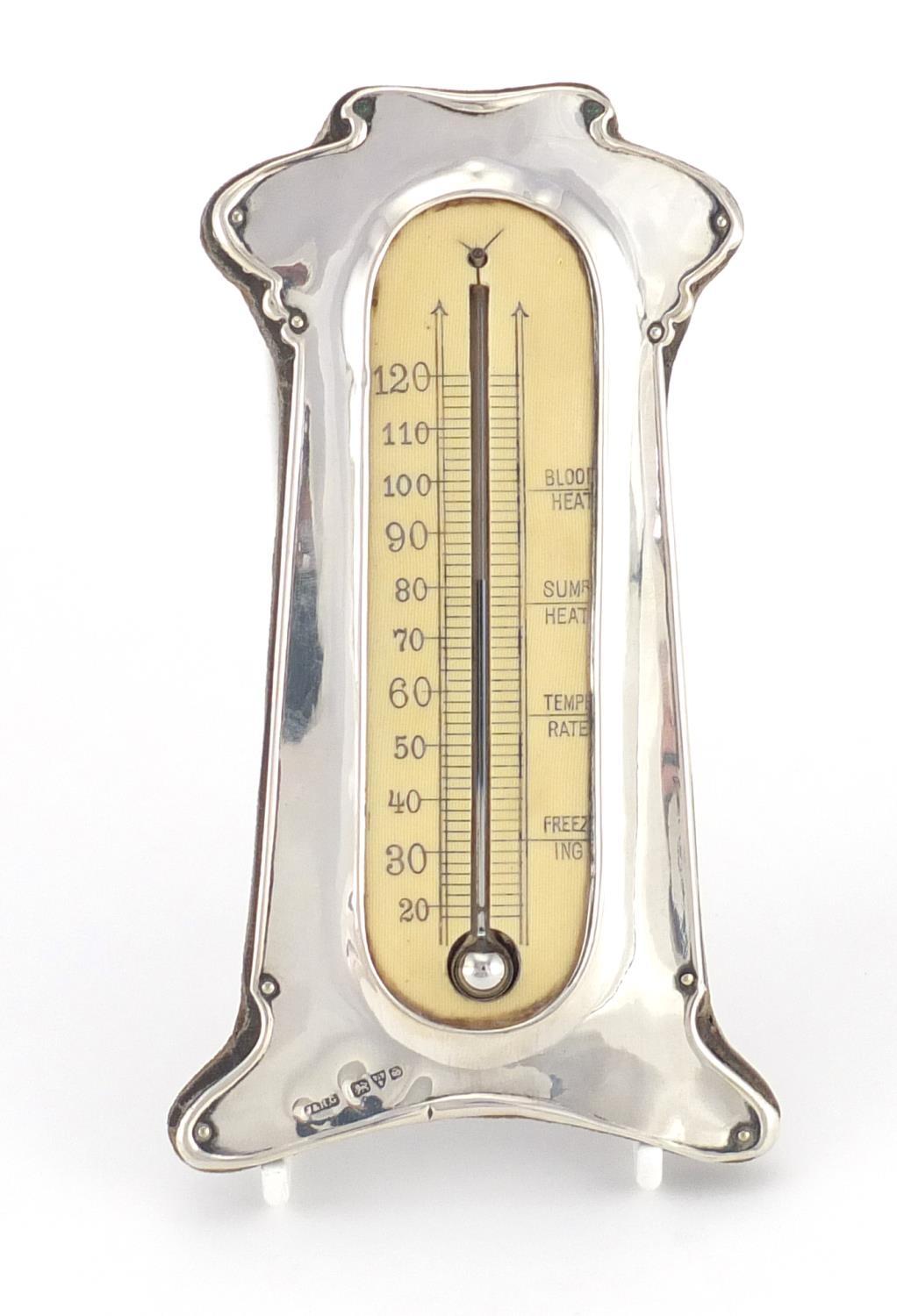 Art Nouveau silver desk barometer by J & R Griffin Chester 1905, 15cm high :For Further Condition