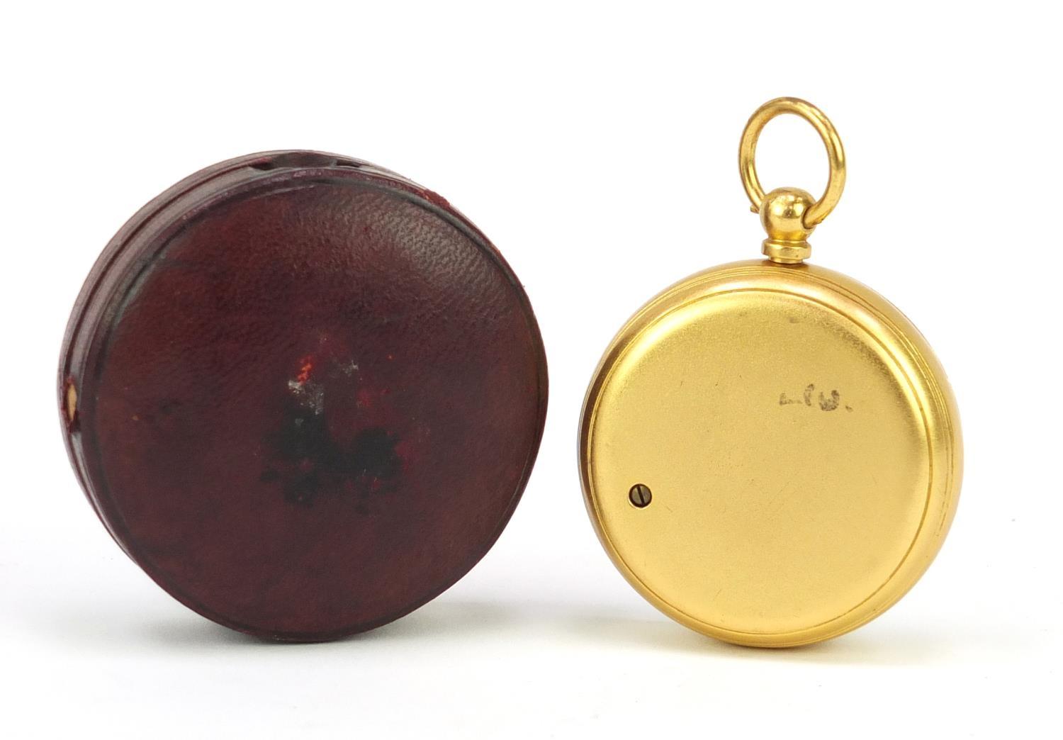 Gilt brass pocket compensated barometer, housed in a velvet and silk lined leather case, 5cm in - Image 3 of 4