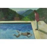 After David Hockney - Portrait of an artist (Pool with two figures), oil on board, framed, 75cm x