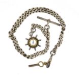 Graduated silver watch chain with silver compass fob, 32cm long, 66.5g :For Further Condition