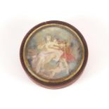 18th century circular lacquer snuff box with gold coloured mounts, metal studwork and