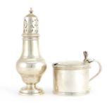 Silver baluster shaped caster and mustard with hinged lid and blue glass liner, Birmingham and