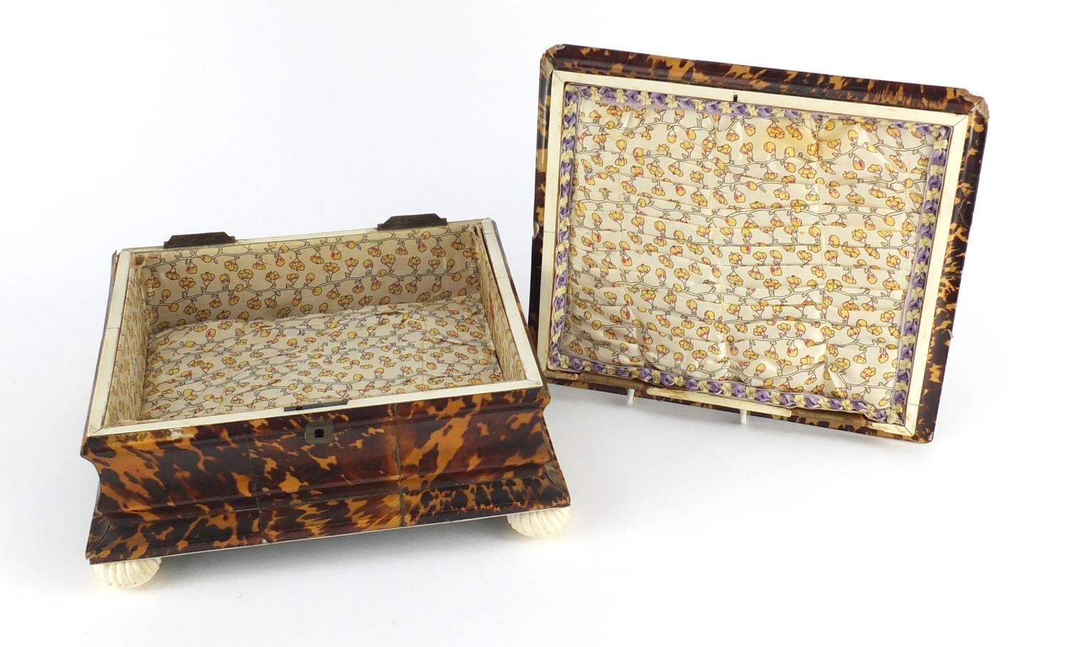 19th century tortoiseshell and ivory sewing box, the hinged lid with mother of pearl floral inlay, - Image 4 of 6