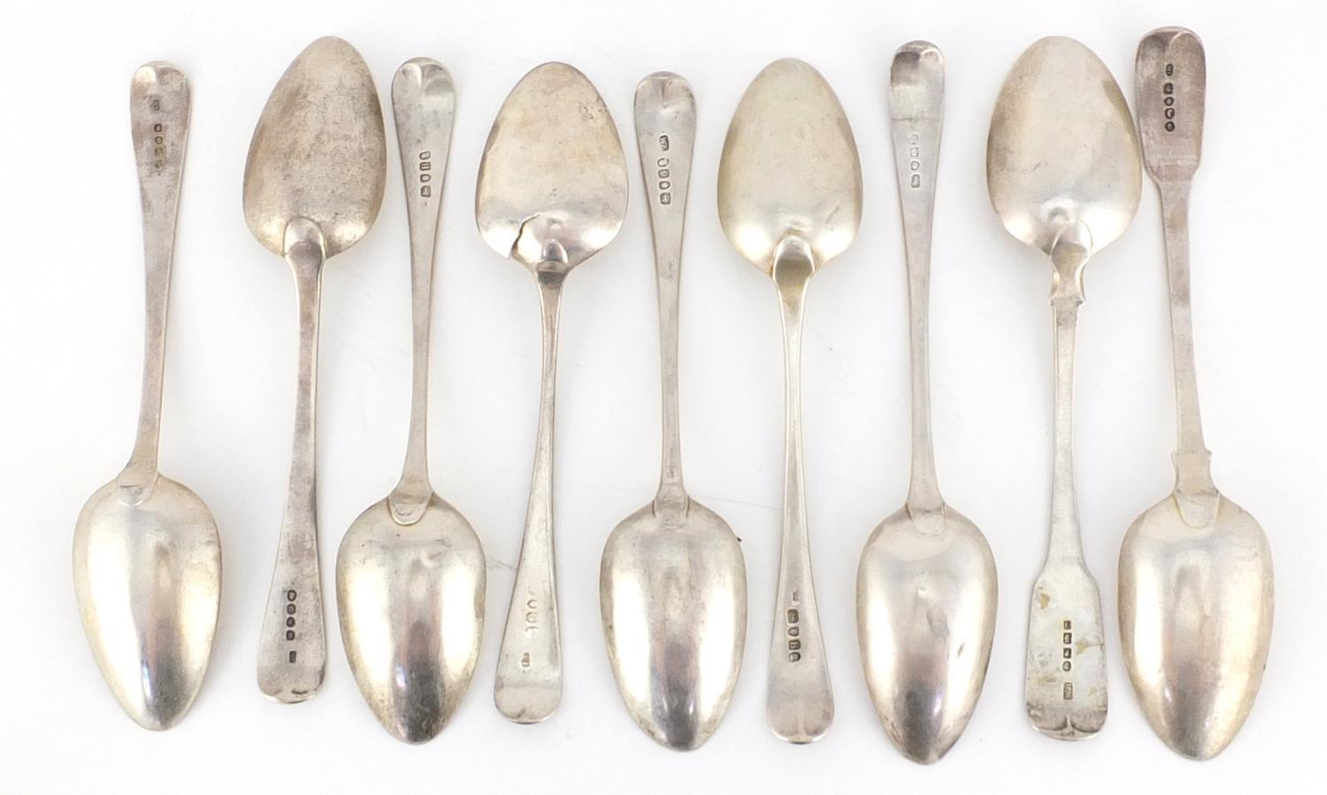 Nine Georgian silver tablespoons, various hallmarks, the largest 23cm in length, 564.5g :For Further - Image 3 of 7