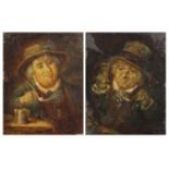 Gentlemen in taverns, pair of antique oils, one on canvas one on wood panel, unframed, the largest