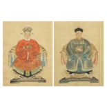 Pair of Chinese ancestral portraits, watercolours on silks, mounted and framed, each 23.5cm x 17.5cm