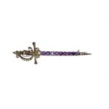 900 silver gilt amethyst and seed pearl dagger brooch, 5.8cm in length, 3.8g :For Further