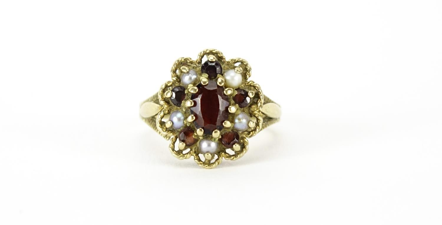 9ct gold garnet and seed pearl cluster ring, size M, 4.0g :For Further Condition Reports Please
