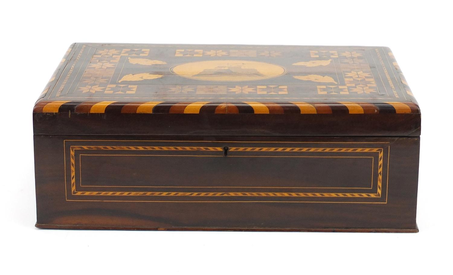 19th century rosewood wood box, the hinged lid marquetry inlaid with a view of The French Naval - Image 2 of 7