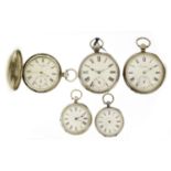 Five silver pocket watches including a Money & Bassold full hunter with fusee movement and Kay Jones