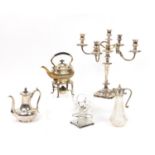 Silver plate including a five branch candelabra, James Dixon & Sons coffee pot and a four bottle
