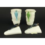 Two Art Deco Sylvac/Falcon Ware vases and a pair of wall pockets, mounted with budgies and swallows,