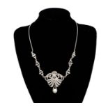 18ct white gold cocktail necklace set with a central pearl and clear stones, 36cm long, 24.0g :For