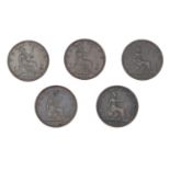 Five Victorian Bun Head farthings comprising dates 1865, 1866, 1867, 1868 and 1869 :For Further