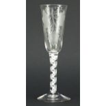 Antique air twist wine glass etched with leaves and berries, 18.5cm high :For Further Condition