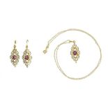 9ct gold garnet pendant on chain with matching earrings, the earrings 3.7cm long, 4.0g :For