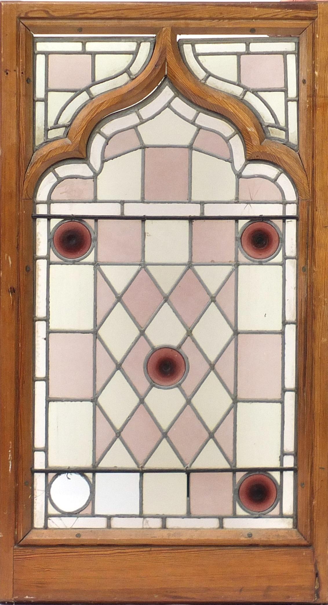 Pair of oak framed leaded stained glass panels, framed, each 115cm x 63cm :For Further Condition - Image 3 of 5