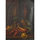 Still life lobsters and vessels, 19th century oil on canvas, unframed, 71cm x 50cm :For Further