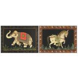 Ceremonial horse and elephant, near pair of Indian Mughal school paintings on silk, framed, the