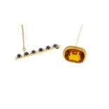 9ct gold citrine brooch and a sapphire and seed pearl bar brooch, the largest 4.5cm in length, 12.4g