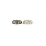Two 9ct gold eternity rings set with blue and clear stones, sizes L and M, 7.5g :For Further