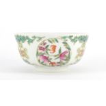 Chinese porcelain footed bowl, finely hand painted in the famille rose palette with bats, peaches