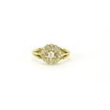 18ct gold diamond three tier cluster ring, with scrolled shoulders, W C makers mark, size Q, 4.7g :
