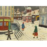 After Élisée Maclet - Snowy street scene with figures, French Impressionist style oil on board,