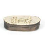 Antique unmarked silver snuff box, the hinged lid inset with an ivory panel carved with two figures,