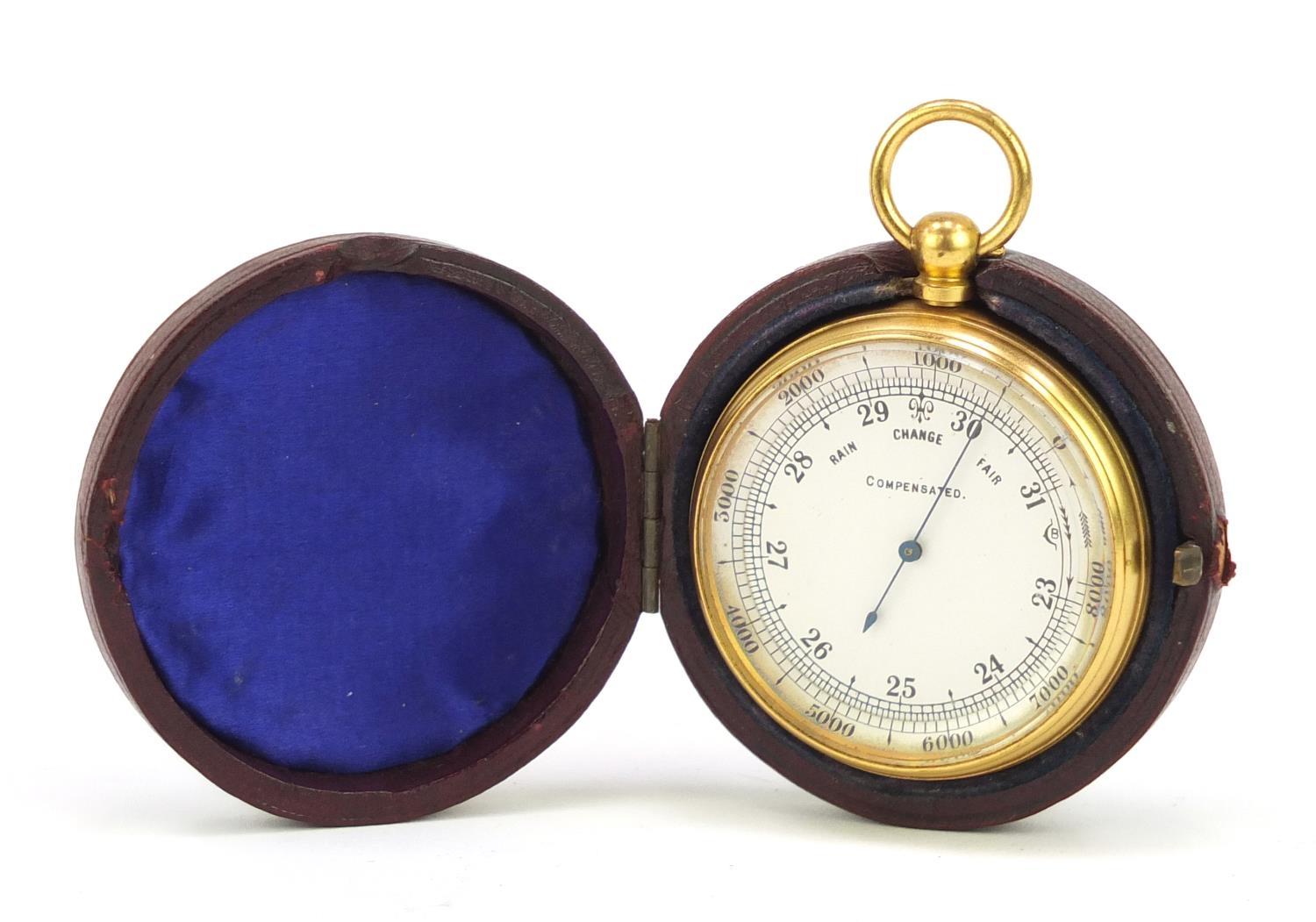 Gilt brass pocket compensated barometer, housed in a velvet and silk lined leather case, 5cm in - Image 4 of 4