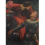 Knight in armour rescuing a maiden, oil on board, bearing an inscription verso, mounted and