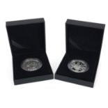 Two Britannia one ounce silver proof two pound coins with fitted boxes comprising dates 2010 and