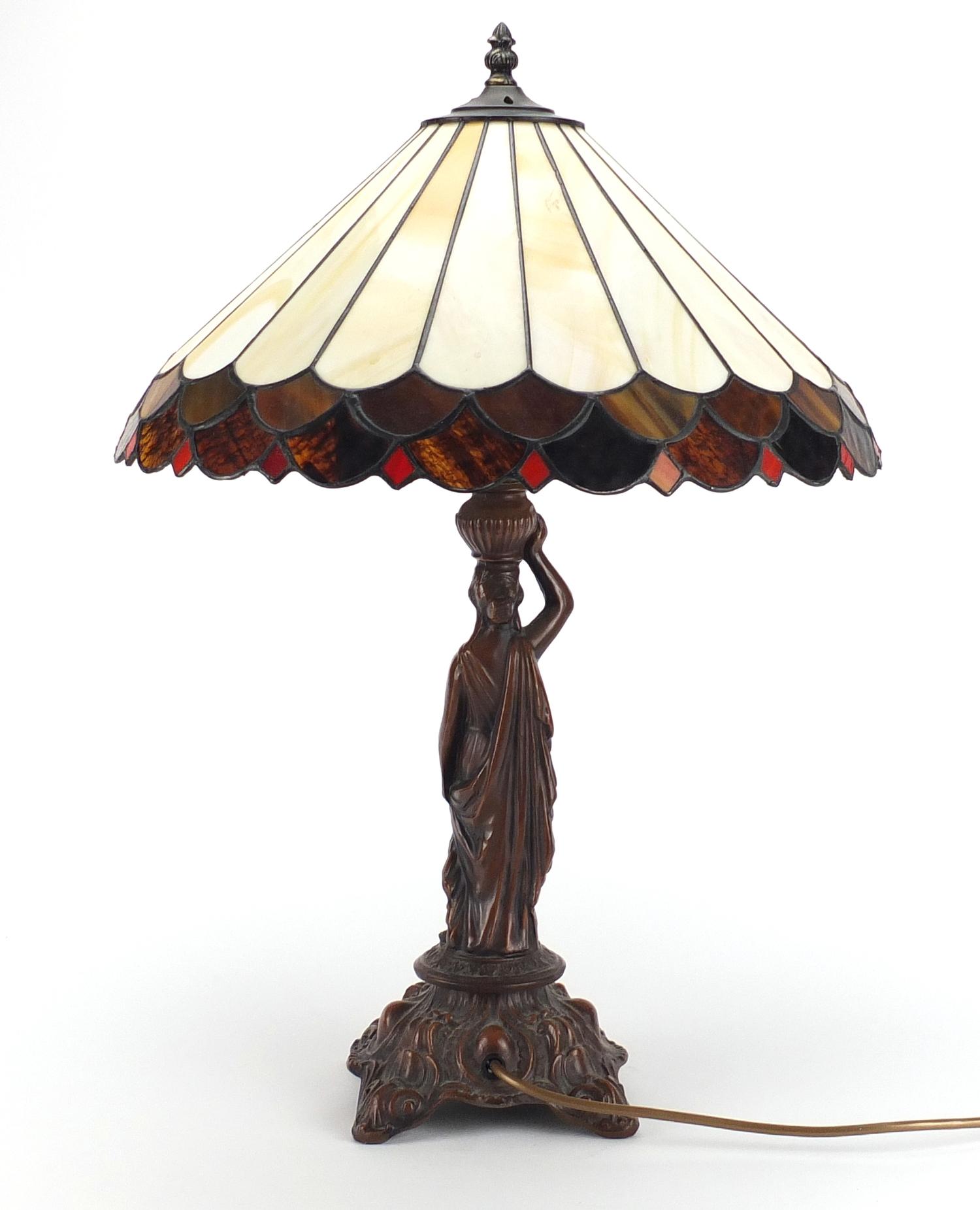 Art Nouveau style bronzed metal maiden table lamp with Tiffany design shade, 60cm high :For - Image 3 of 3
