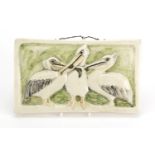 Stella R Crofts hand painted pottery pelican and fish plaque, signed, titled and dated 1939 to the