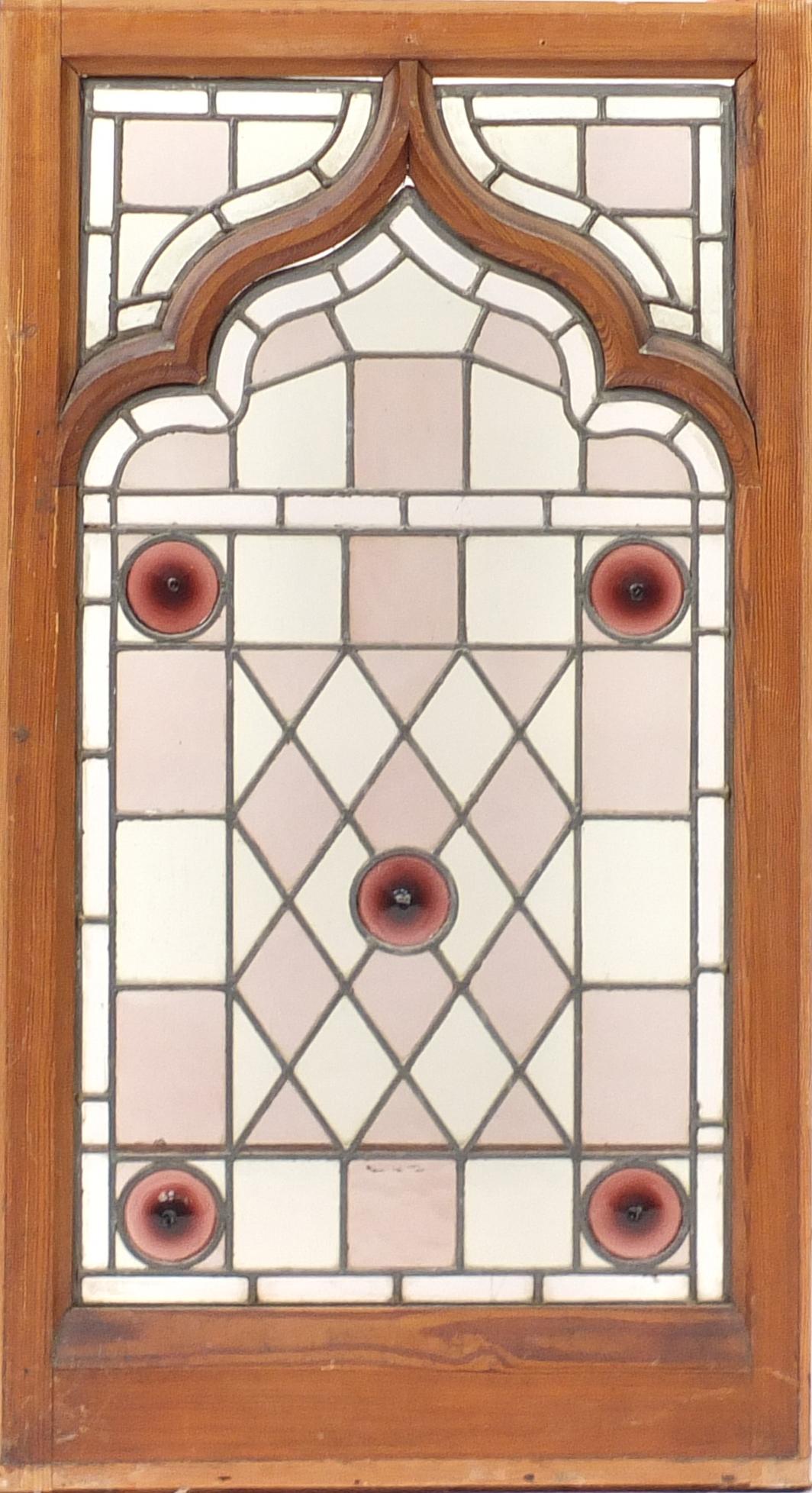 Pair of oak framed leaded stained glass panels, framed, each 115cm x 63cm :For Further Condition - Image 4 of 5
