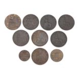 Victorian coinage comprising 1851 ¼ farthing, 1866 third farthing and eight farthings, 1884, 1884,