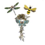 Enamelled insect jewellery comprising butterfly necklace, dragonfly brooch and bumble bee brooch,