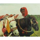 Manner of Adam Styka - Asian man with horses, oil on canvas, framed, 57.5cm x 48cm :For Further