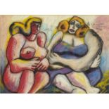 Manner of Le Corbusier - Two surreal females, coloured chalks and watercolour, mounted and framed,