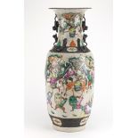 Large Chinese crackle glazed vase with twin handles, finely hand painted in the famille verte