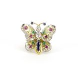 Continental 18K gold butterfly ring set with diamonds, sapphires, rubies and emeralds, impressed