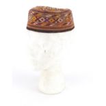 Turkmen embroidered ceremonial hat, 6.5cm high :For Further Condition Reports Please Visit Our