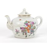 Chinese porcelain teapot hand painted in the famille rose palette with figures and a Qilin, 9.5cm