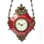 Aesthetic octagonal porcelain double sided hanging clock with gilt metal mounts and enamelled dials,