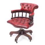 Mahogany framed oxblood leather button back captains chair, 88cm high :For Further Condition Reports