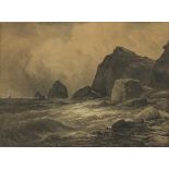 Waves crashing against rocks in a cove, 19th century watercolour and wash, bearing a monogram WW,