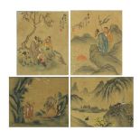 Two pairs of Chinese watercolours, depicting Scholars and landscapes, one pair with character
