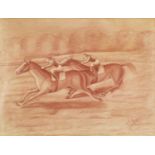 S Rivat - Horseracing scene, impressionist sanguine chalk, Charles & Co label verso, mounted and